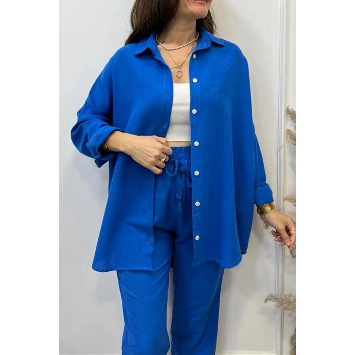 

Женская синяя льняная синяя рубашка свободного кроя с текстурой Standart