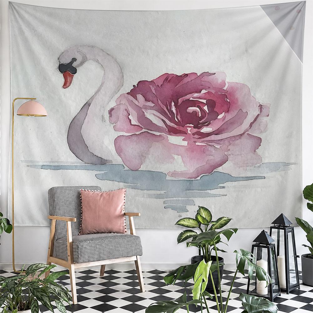Swan and Rose Watercolor Art Pattern Wall Hanging Tapestry Decorative Tapestry Home Decor for Bedroom and Living Room