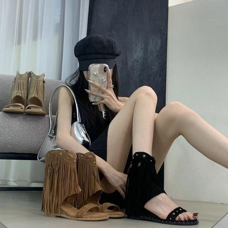 Stivali da cowboy occidentali da donna in stile romano, alla moda, con punta a clip e cerniere posteriori, stivaletti a metà polpaccio, con elevazione interna, scarpe da donna