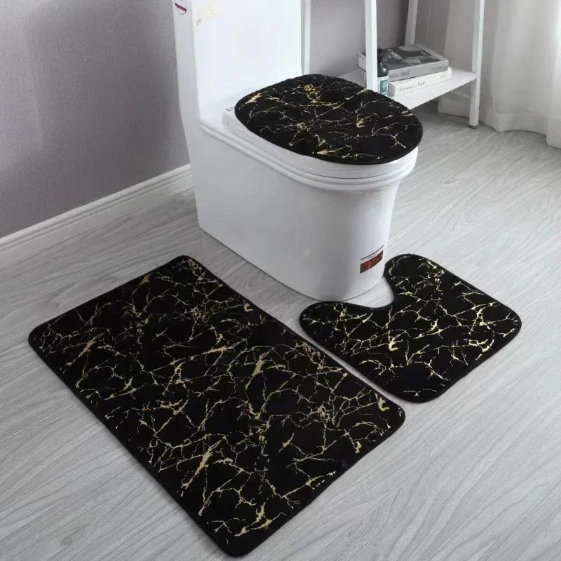 3pcs Set Flannel Carpet Bathroom Floor Pat Toilet Stripe Printing Anti Slip Wear-resistant Mats Bathroom Shower Rugs Toilet Mat