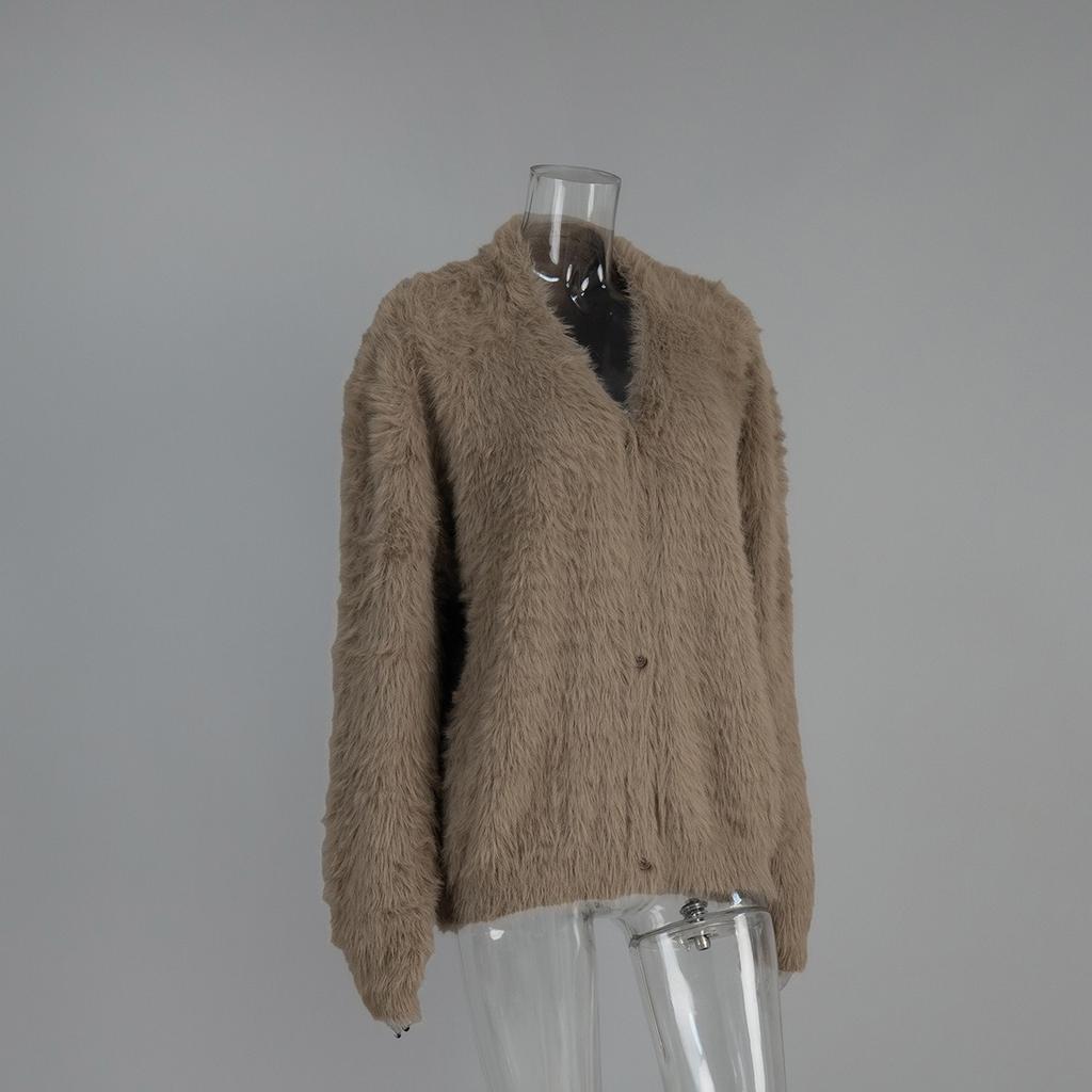 Women's 2025 Autumn Winter Faux Mink Knit Cardigan V Neck Long Sleeve Loose Casual Sweater Coat