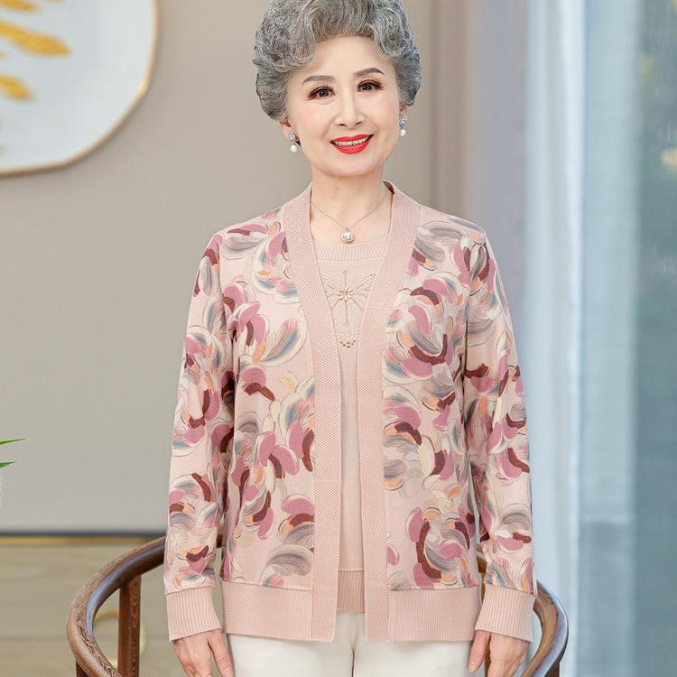 

Мамина весенне-осенняя одежда Новый вязаный свитер-жакет Костюм для среднего и пожилого возраста 4XL светло-розовый