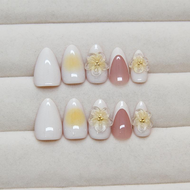 Nail Patch Solid Color Fake Nails Spring and Summer Peach Blossom Removable Nails Yellow Peach Wearing Nail Nail Patch Diamond 30 pieces