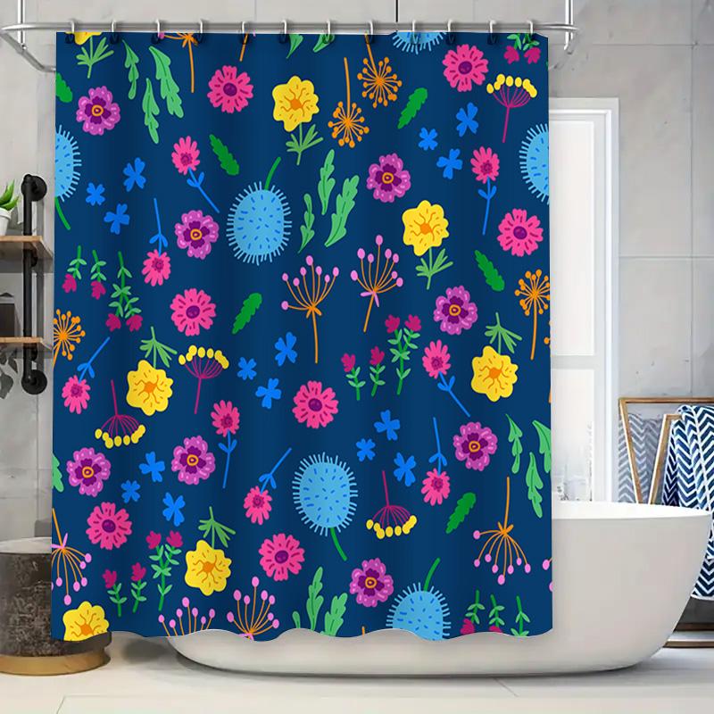 Waterproof Shower Curtain With Vibrant Flower Pattern Blue, Yellow, Pink Purple Flowers On Navy Background For Bathroom Decor, M W60H190(CM)-1 Pcs