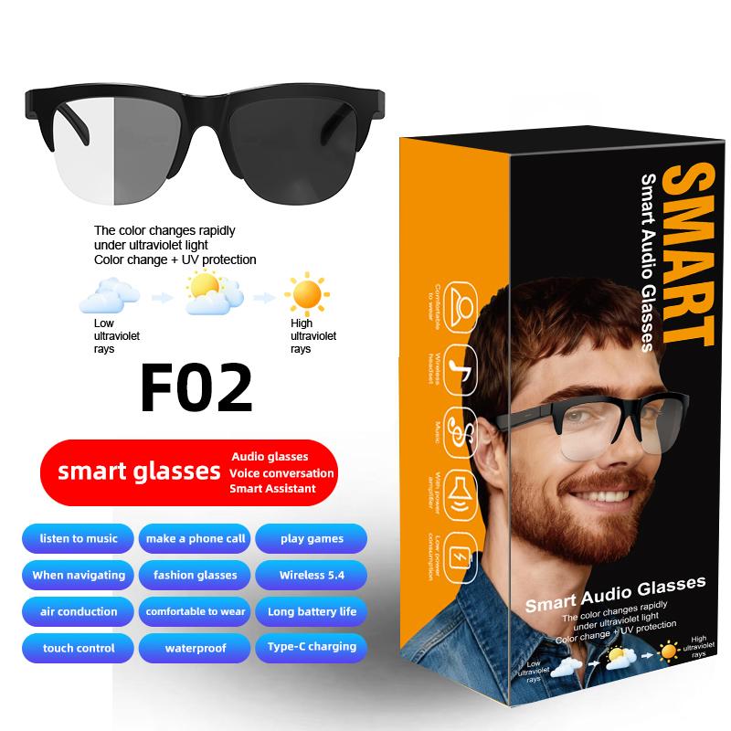 

F02 Photochromic Smart Audio Glasses, Bluetooth 5.4 Air Conduction UV Protection Anti Blue Light Waterproof Eyewear One Size чорний