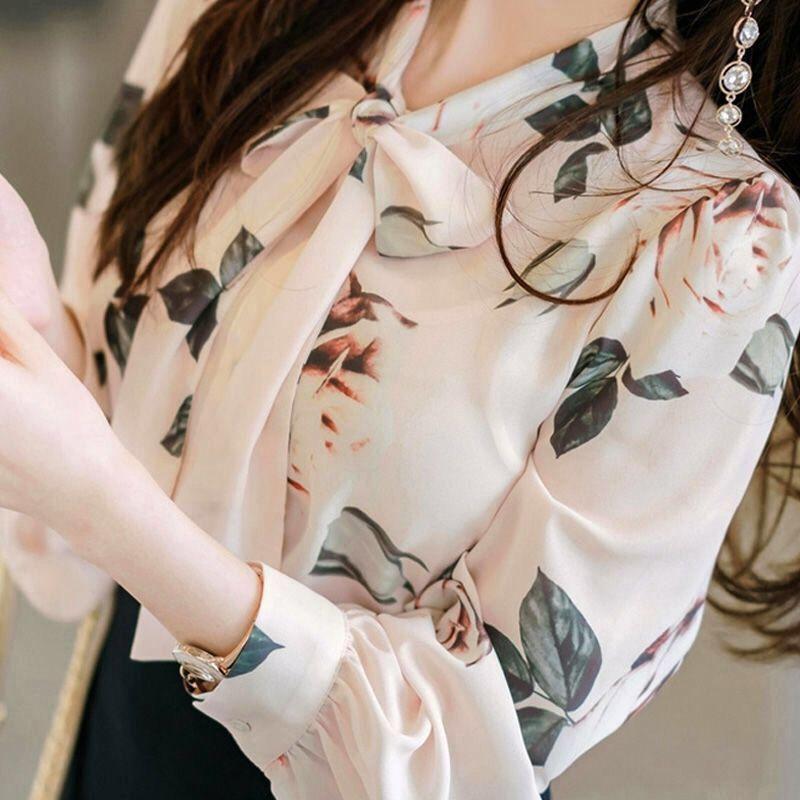 Women's Long Sleeved Bottoming Shirt Spring Autumn New Scarf Collar Tie Up Print Chiffon Top S-5XL
