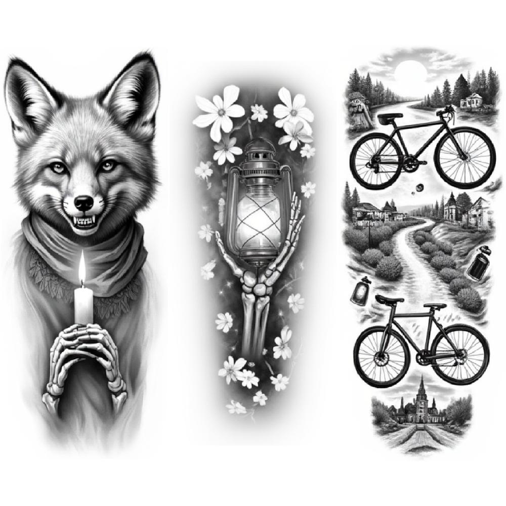 3 Stück Temporäre Tattoos Realistische Temporäre Tattoos Landschaft Mit Fahrrädern Menschlicher Schädel Mit Rosen Laterne Mit Blumen Für Männer