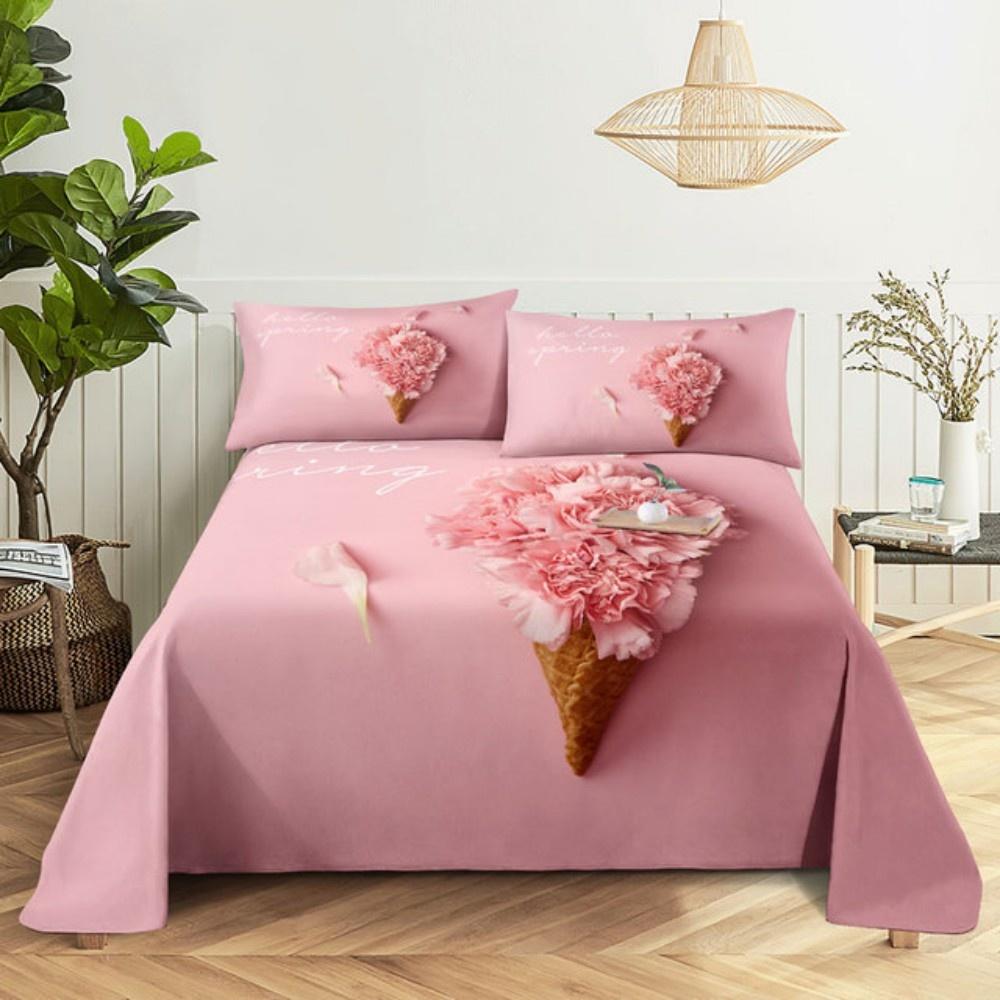 Pink Rose Bed Sheet Sets 3D Print Flowers Flat Soft Cover For Women Kids Girls King Queen Full Twin Size Linen Room Decor