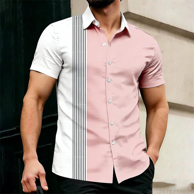2026 Hot-Selling Summer Men's Color Block Striped Short-Sleeve Shirt, Outdoor Casual Slim Fit Collared Shirt, Hawaiian Shirt