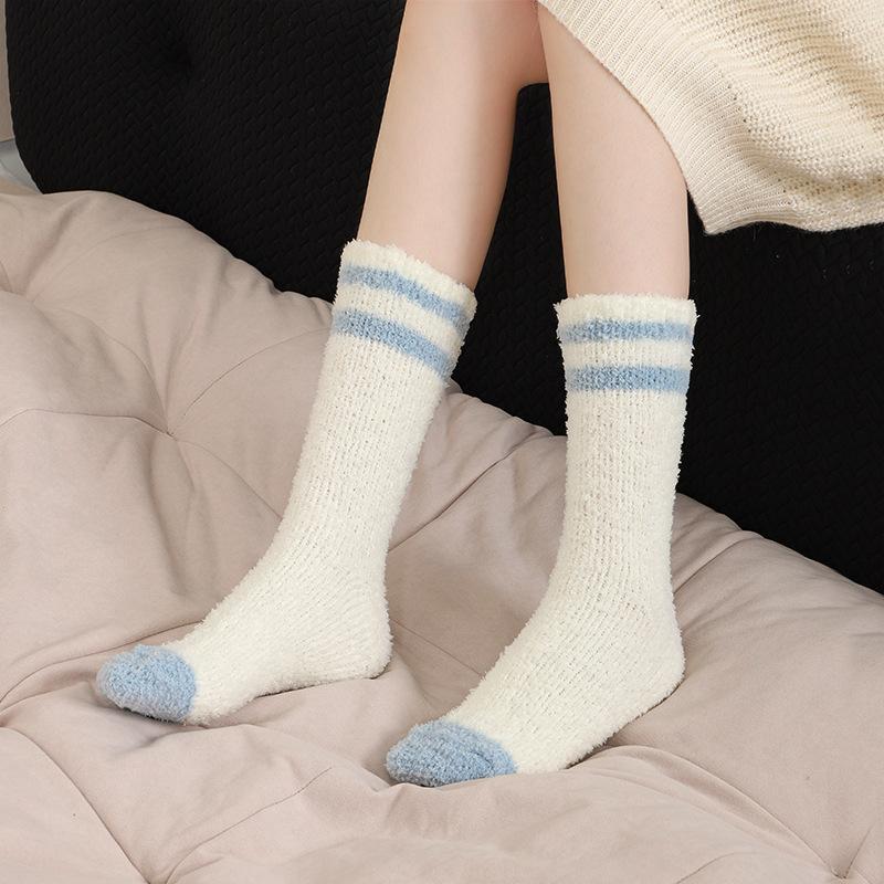 Female Winter Plus Velvet Warm Sports Home Floor Sleep Two Bar In Tube Socks