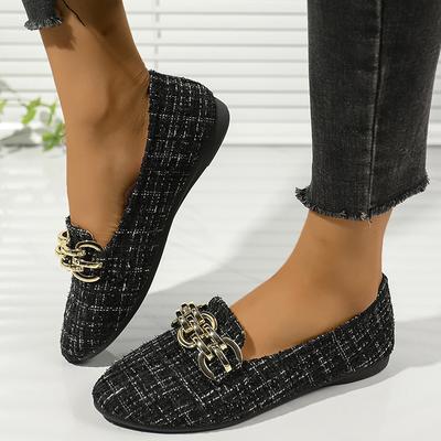 Elegant Women's Slip On Flats with Metal Chain Decor Soft Sole Comfortable Work Shoes Woman Lightweight Casual Black Loafers