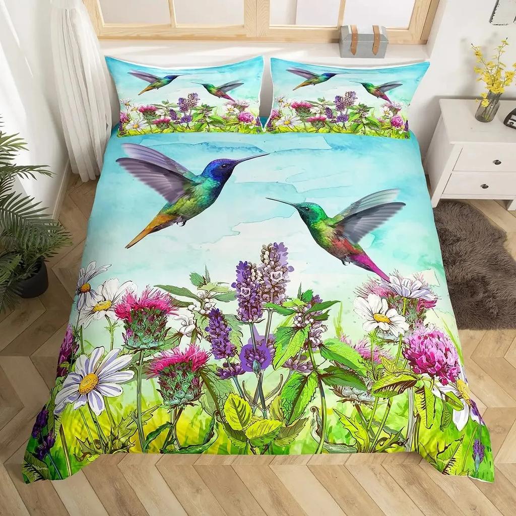 Hummingbird Duvet Cover Set Full Size Girls Garden Birds Farmhouse Flower Floral Bedding Set Hummingbird Lovers Comforter Cover