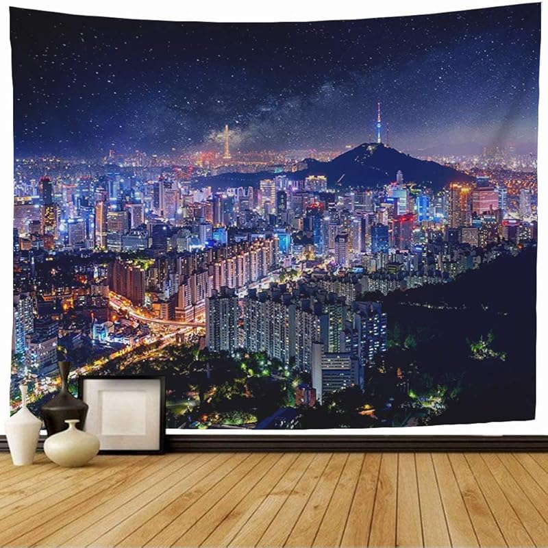 Стена Тканое Настенное Полотно Ночь Корейский Вид Городской Пейзаж Башня Сеула Мегаполис с Достопримечательностями Корея Город Путешествия Тканое Полотно Одеяло Стена 60L  x 50W