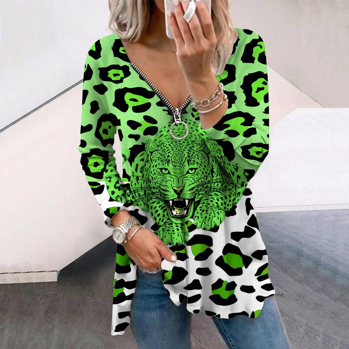 

Женские осенние футболки с длинным рукавом и леопардовым принтом, свободные футболки с V-образным вырезом больших размеров, удобные блузки L зелёный