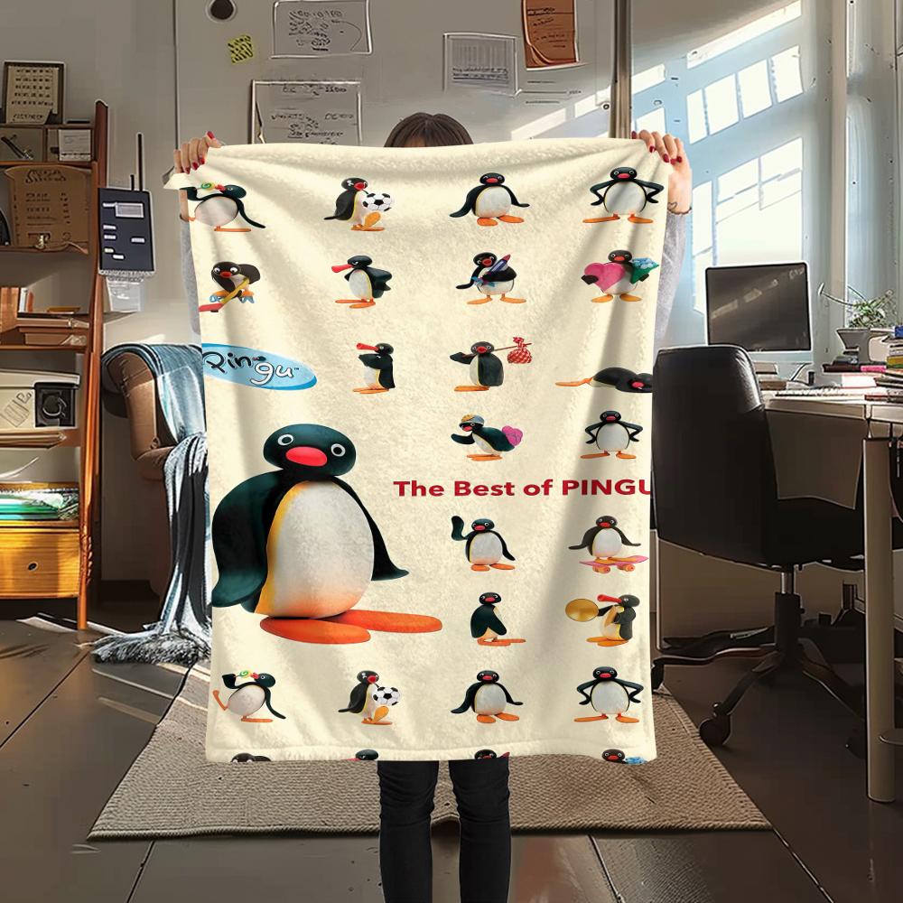1PC PINGU Print Flannel Blanket, High quality All Seasons, Home Decor, Warmth and Comfort, Perfect for Christmas Gifts