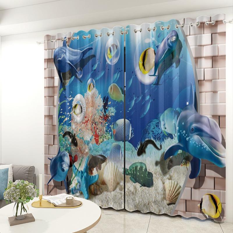 3D Ocean Curtain Fabric Bedroom Living Room Balcony Blackout Curtain Office Hotel Insulation Curtain