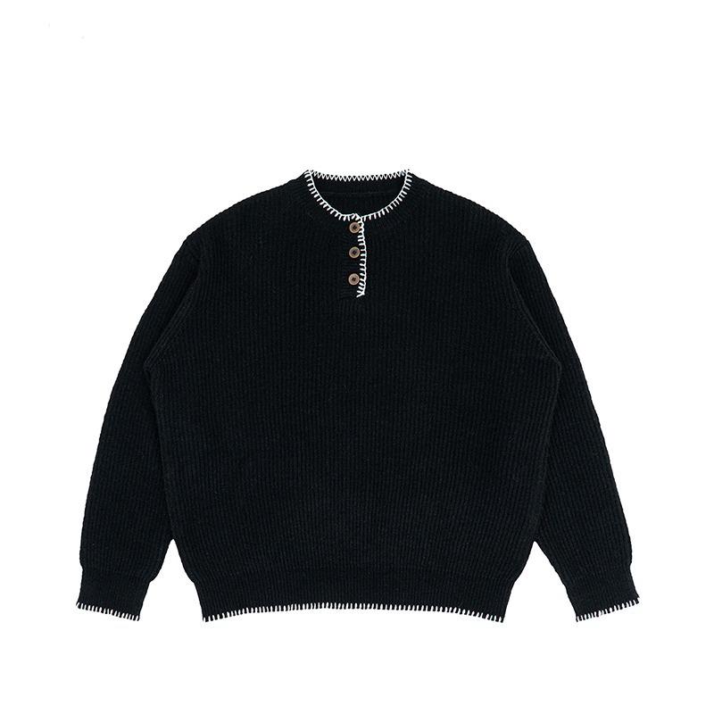 Unisex Retro Henley Neck Knit Sweater - Casual Autumn Pullover