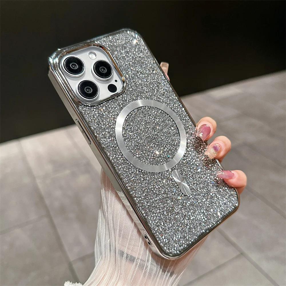 Luxusní třpytivý diamantový magnetický kryt na telefon pro IPhone 17 16 15 14 Plus 13 12 Pro Max pro Magsafe kryt pro bezdrátové nabíjení