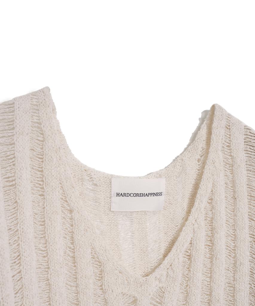 HARDCORE HAPPINESS Damaged Slit V-Neck Knit Top_Ivory