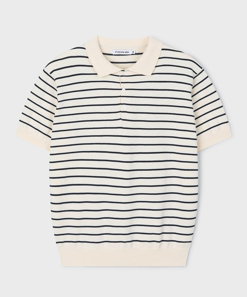 PYEON MA Stripe Short Sleeve Polo Knit - Ivory