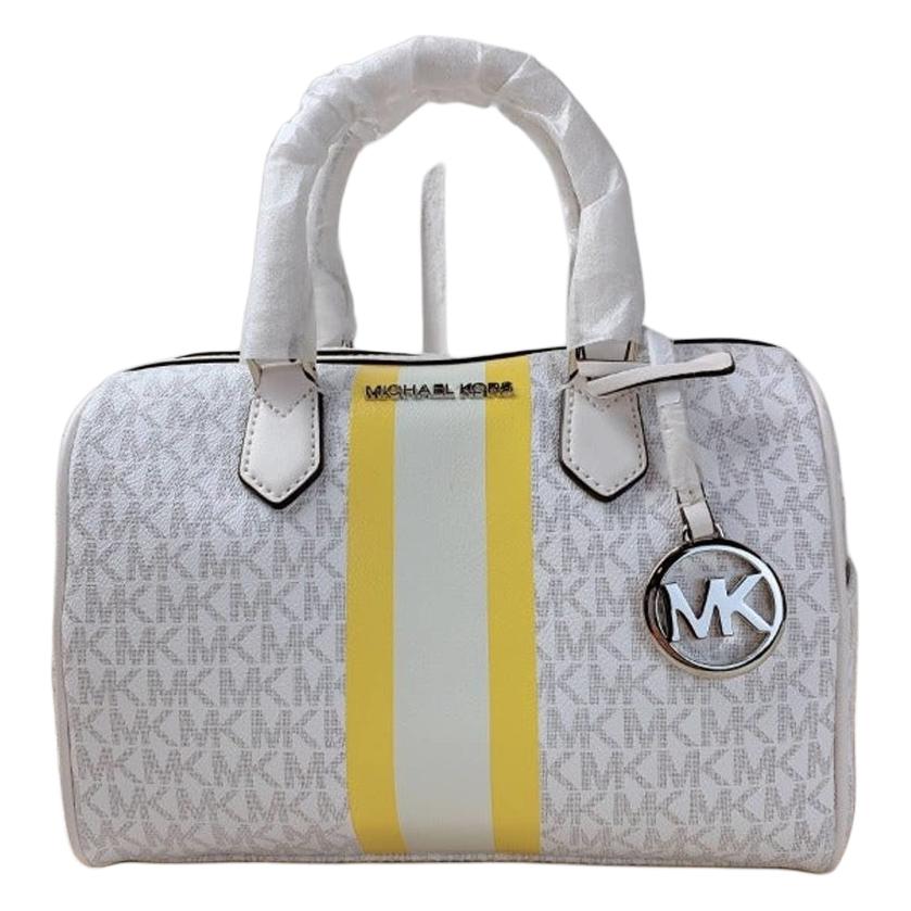 Michael Kors Mk Bedford Letter Logo Striped Vintage Floral Print Canvas Boston Bag Women Handbags 35T0SBFS5B-BRIGHT-WHT Basic Set (Bag+Dust Bag)