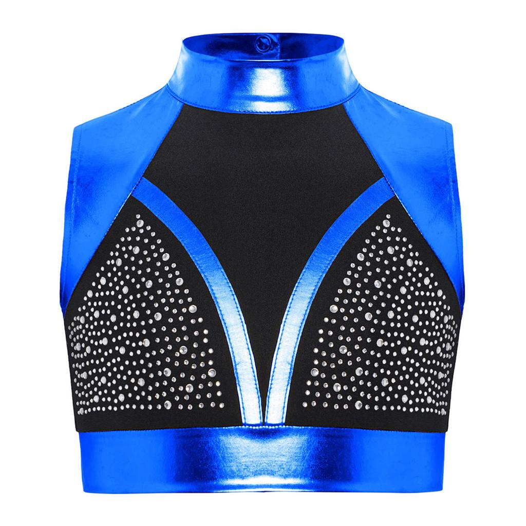 Girls Shiny Dance Top Mock Neck Sleeveless Cutout Back Rhinestones Color Block Metallic Crop Performance Outfit