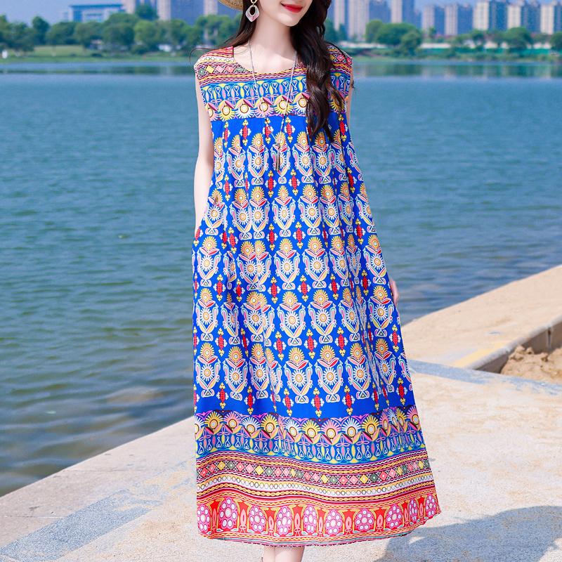 Casual Beach Dresses for Woman Plus Size Loose Vintage Print Long Sleeveless Dress Summer Women's Clothing