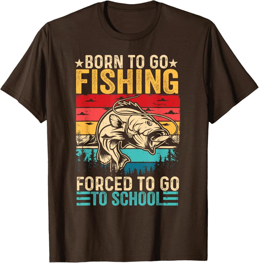 Born To Go Fishing Forced To Go School Graphic TShirt Retro Sunset Lake Trees Men Casual Tee