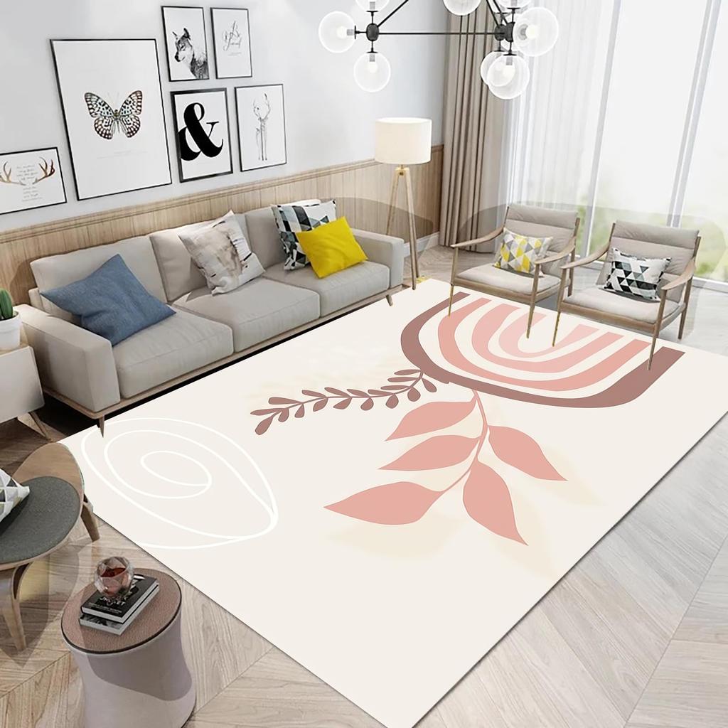 Boho Mid Century Style Area Rug Modern Plant Leaves Carpet Non Slip Abstract Art Floor Mat for Living Room Bathroom Office Decor