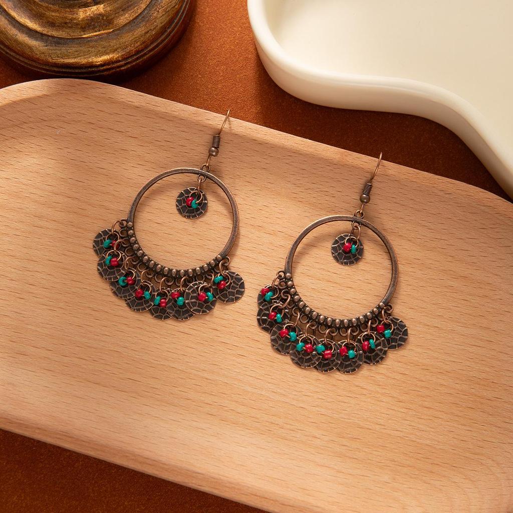 Turquoise Bohemian Owl Feather Tassel Earrings - Bronze Geometric Carved Design with Palm and Dreamcatcher Elements