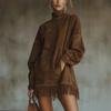 High-neck Loose Suede Dress with Pockets, Tassels and Long Sleeves