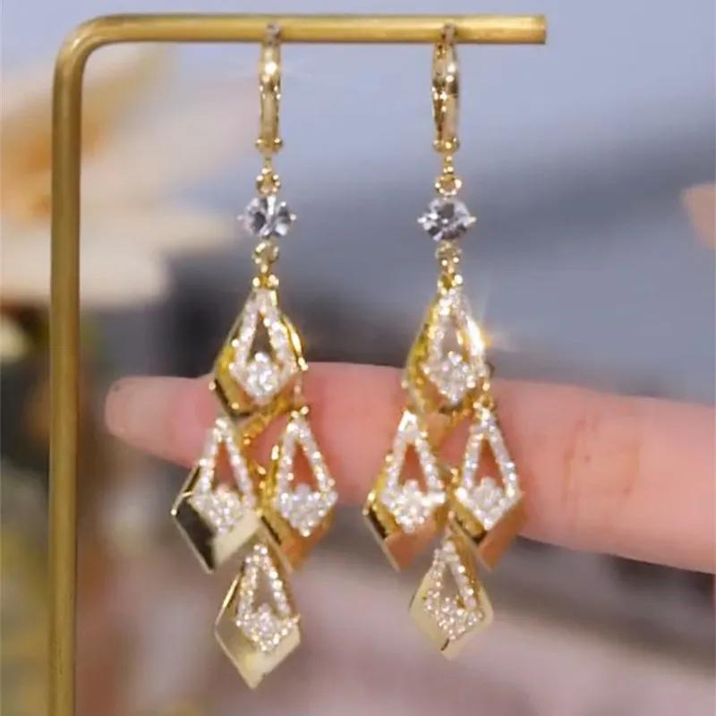 Super Glitzernde Rhombus Zirkon Goldene Quastenohrringe Für Damen Mode Personalisiertes Tägliches Accessoire Party Schmuck Geburtstagsgeschenk