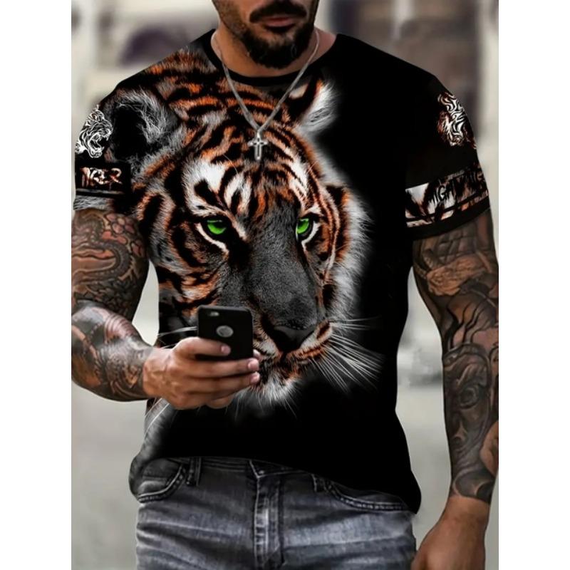 Stylish Tiger 3D Digital Pattern Print Men's Graphic T-shirts Causal Comfy Tees Short Sleeve Pullover Tops Men's Summer Outdoor