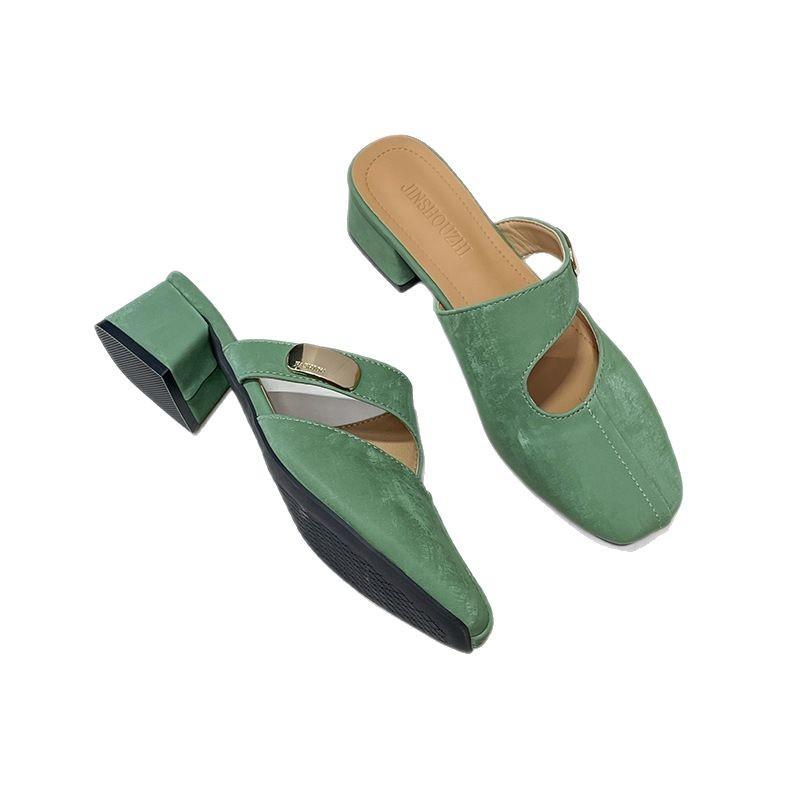 5 New French Temperament Thick Heel Bag Head Half Slippers Women Wear Summer Mary Jane Lazy Muller Sandals