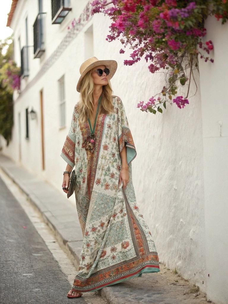 European and American new bohemian women's clothing seaside vacation printing loose kaftan robe dress