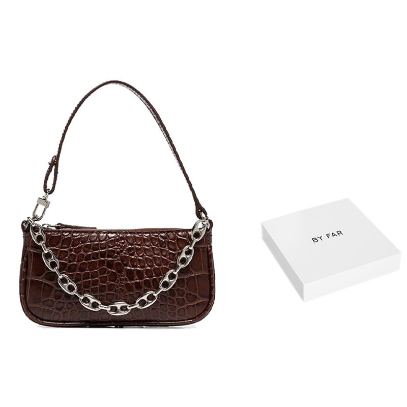 By Far Mini Rachel Series Leather Vintage Crocodile Pattern Chain Baguette Shoulder Bag Women Bags Hazelnut 20CRMIRANEDSMA