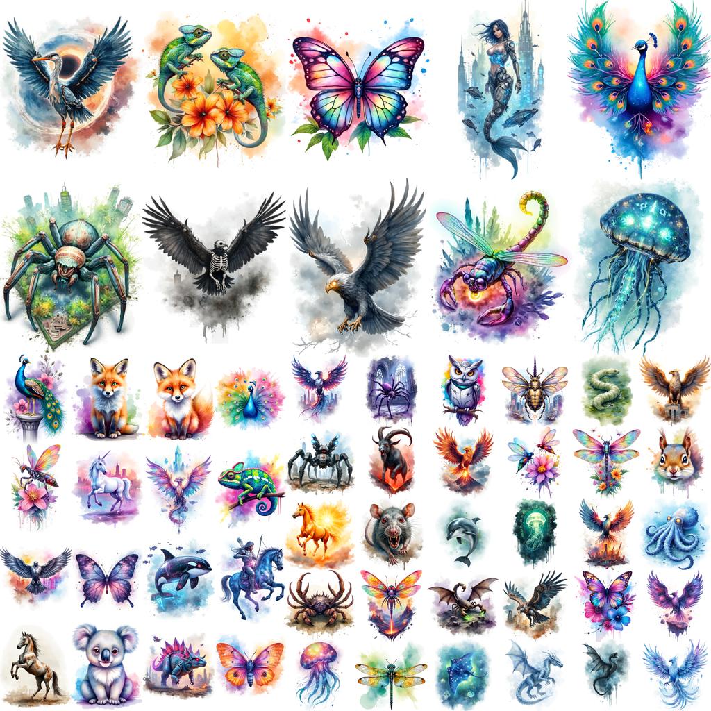 63 Stück Bunte Tier Temporäre Tattoos Wasserdicht Arm Beine Tattoos Aufkleber Tiger Schmetterling Wolf Papagei Körperkunst Fake Tattoos