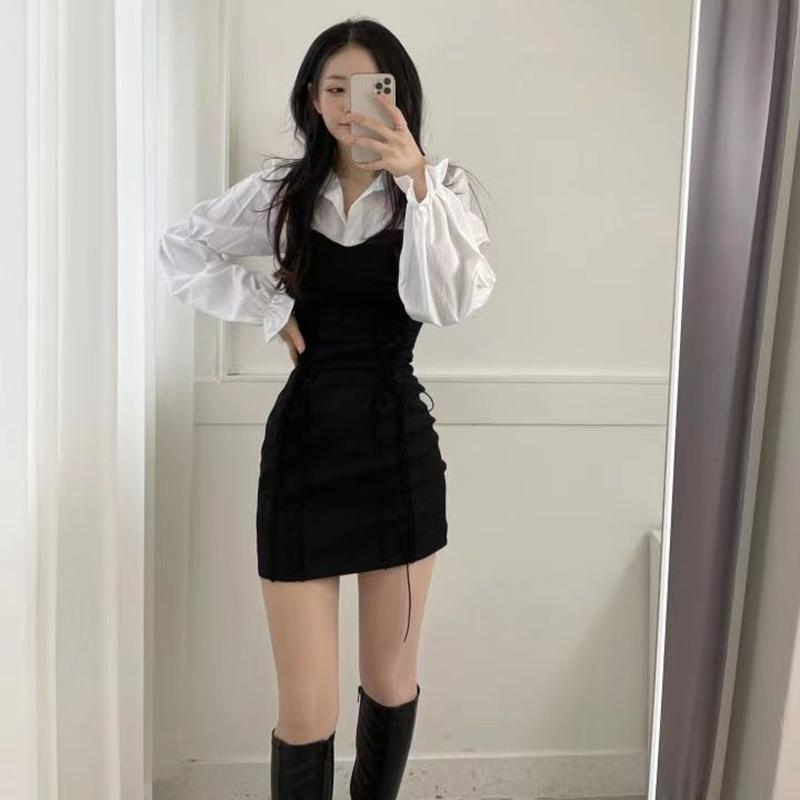 

IELGY студенческое короткое платье в корейском стиле в стиле ретро с пышными рукавами и бретелями L