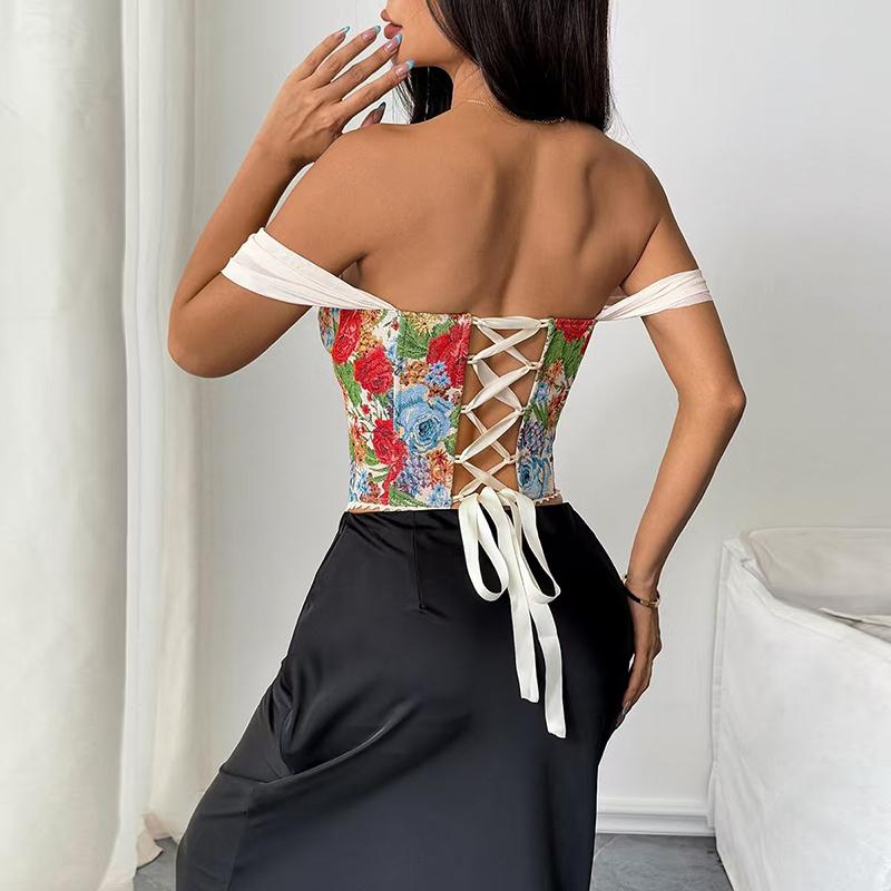 Amerikanischer Retro-Print Abend-Camisole-Träger Spitze Gespleißt Schlank Streetwear Floral Vintage Strand-Tanktop