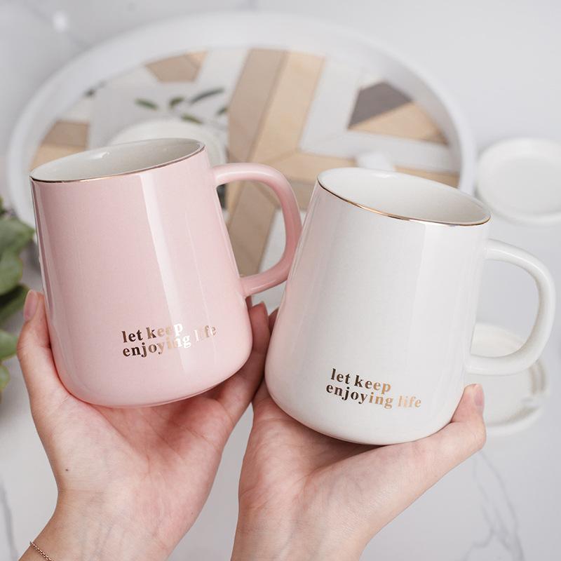 Baifenbai Home Furnishing Women's Ceramic Cup Mug Big Belly Cup Ins Wind Breakfast Cup With Lid And Spoon Simple Couple Pair Cup