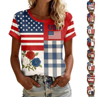 Women's American Floral Patchwork Print Casual T-Shirt 250Th Anniversary USA Shirt Patriotic Tshirt