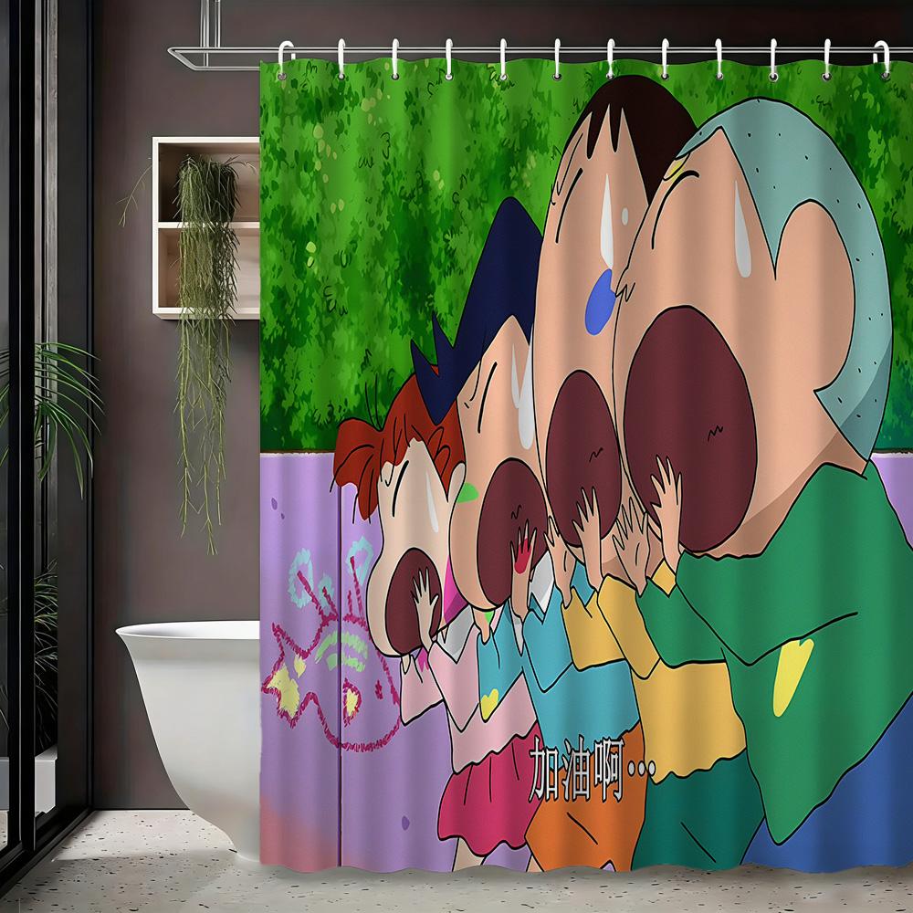 Crayon Shin-Chan & Friends Adventure On Rocks 2D Print Waterproof Shower Curtain, Blue Night Anime Bathroom Decor With Hooks