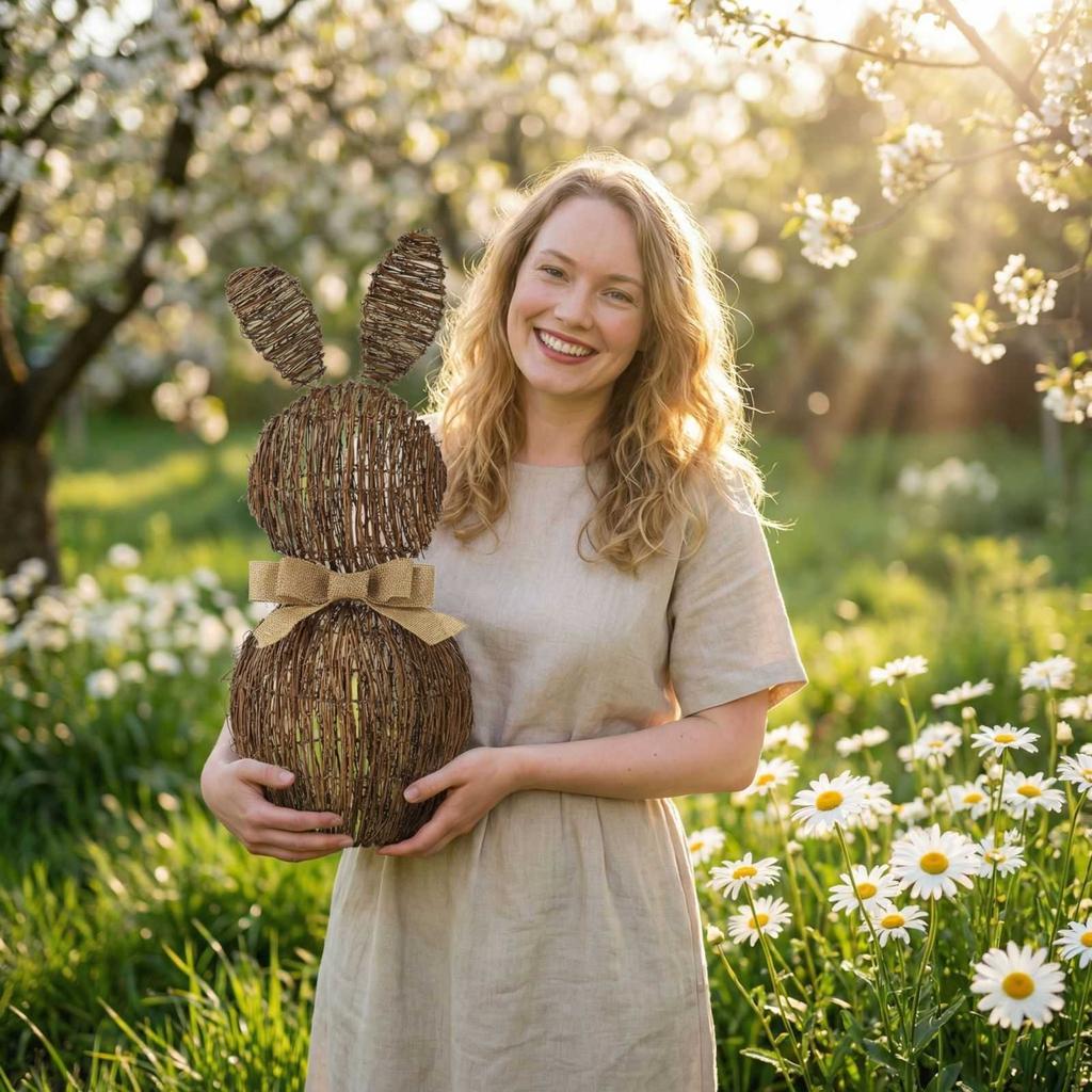 Fundă Decorativă de Paște din Ratan Împletit, 45 cm, Decor de Masă de Paște, Statuetă Decorativă de Primăvară și Vară, Ratan Împletit