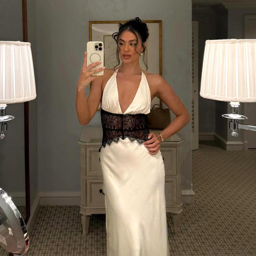 European and American style summer new women s clothing deep V-strap backless lace perspective sexy slim dress S