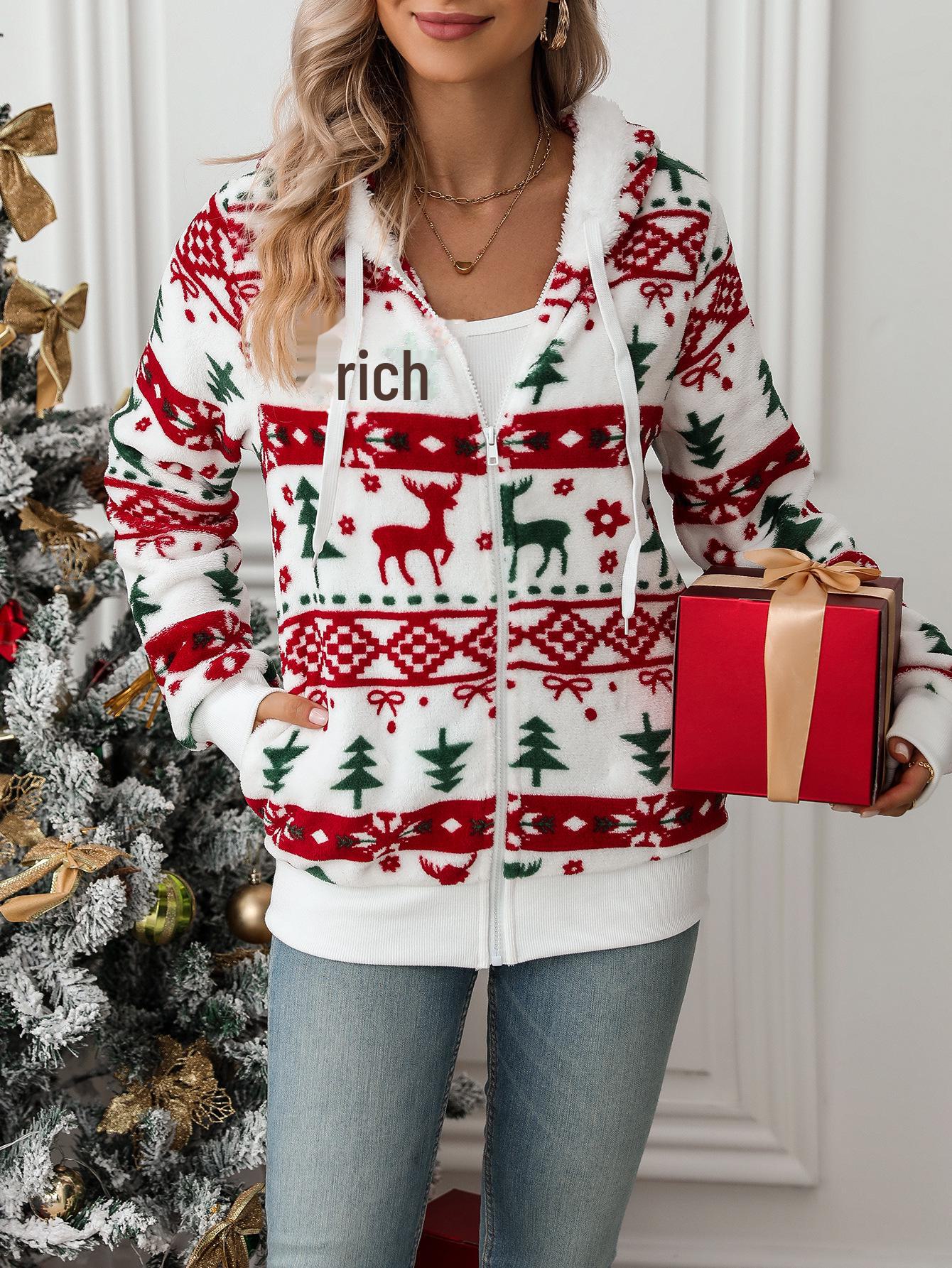 

Flash Velvet 2023 Европейский и Американский женский кардиган с длинными рукавами - Пальто из плюша с рождественским принтом для осени и зимы XXL белый