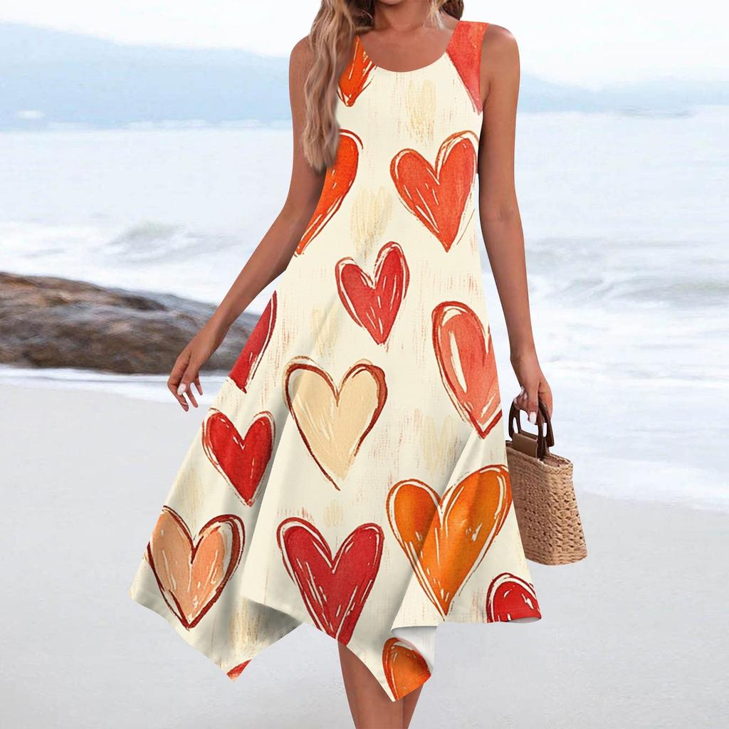 Lässiges, modisches Damen-Midikleid mit Rundhalsausschnitt, ärmellosem Aufdruck und unregelmäßigem Saum