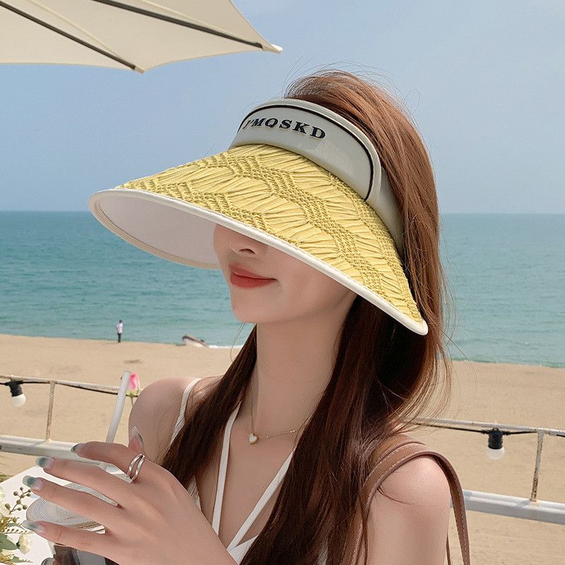 

8542 Summer Show Sun Protection Hat Children s Big Brim Stripes Outdoor Face Small Topless Hat Easiest for Match Fashion K-style Sun Hat Yellow