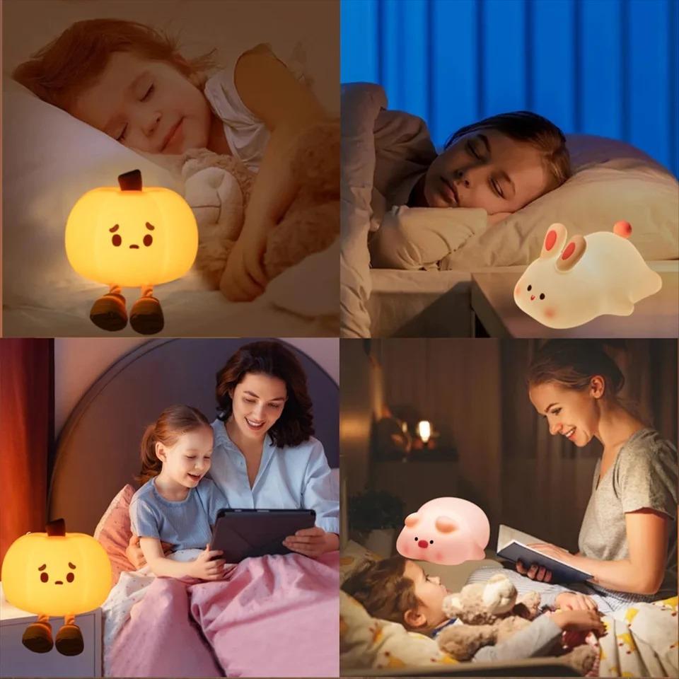 Sad Face Pumpkin Night Lights Cute Soft Silicone Safe Lamp Decorations Timing Dimmable Bedside Decor Kids Baby Halloween Gifts Holiday