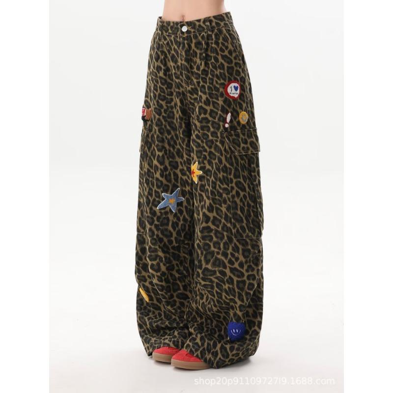 

Ретро джинсы с леопардовым принтом мужские и женские трендовые уличные свободные прямые джинсы-карго 3XL леопардовый