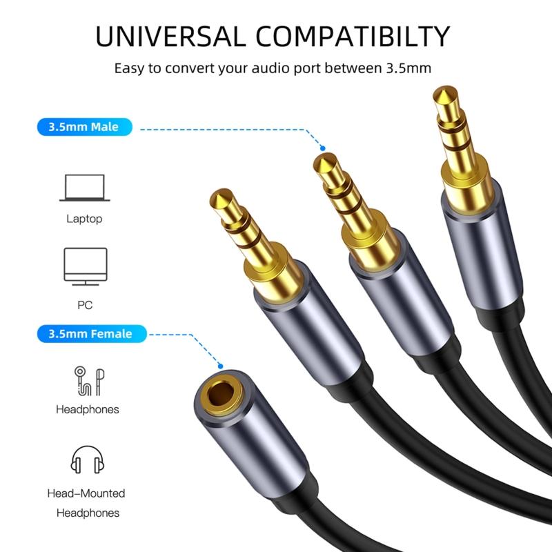 Cablu pentru căști de la 3,5 mm la 3 x 3,5 mm mufă de interfață cablu auxiliar cablu adaptor audio pentru dispozitive portabile cu port de 3,5 mm